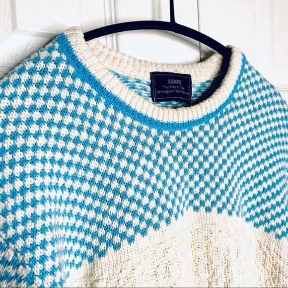 SEARS GRANDPA BLUE OFF WHITE KNIT SWEATER OVERSIZED TOP UNISEX WOMEN MEDIUM - Picture 5 of 10